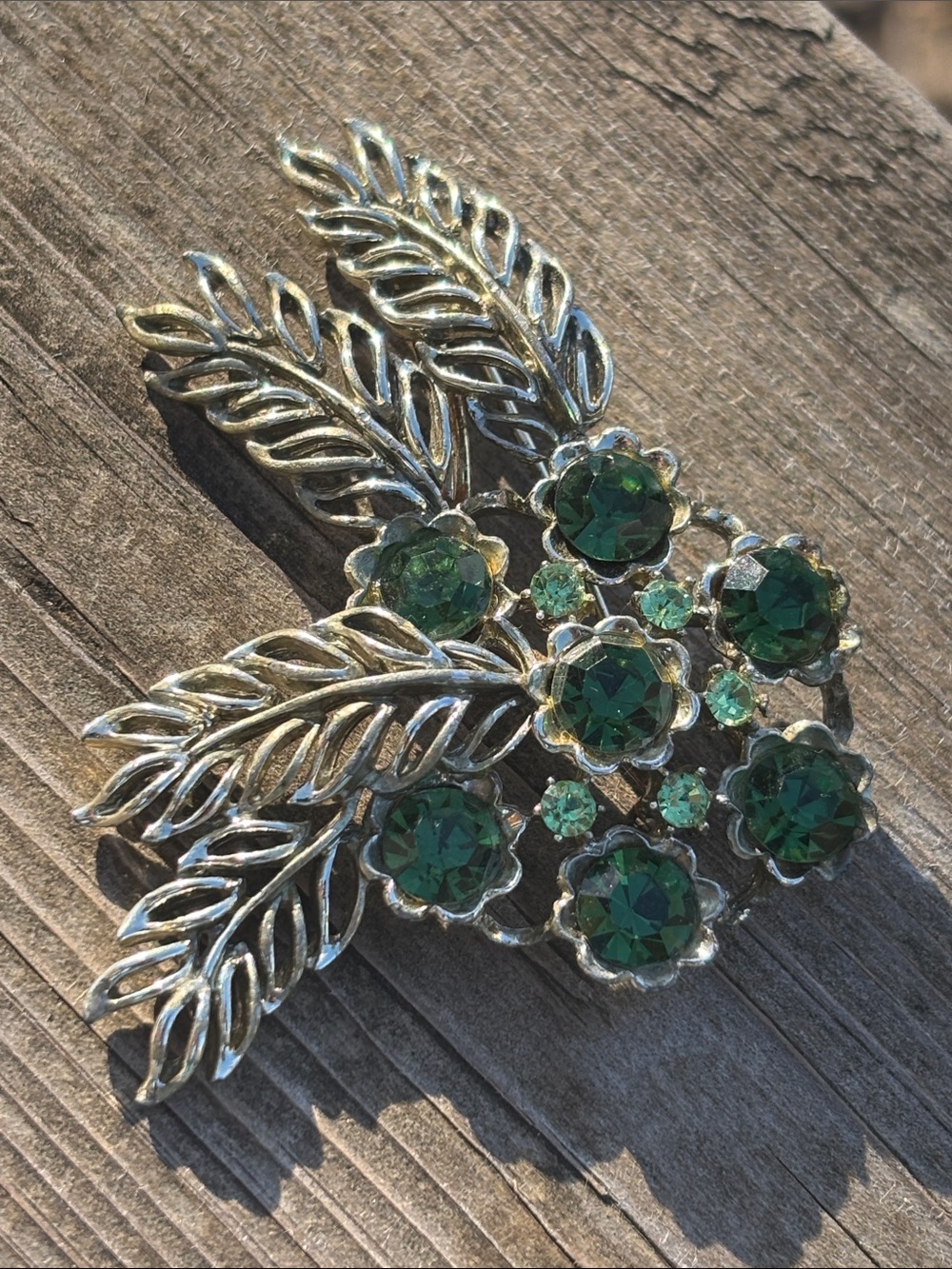 Silver-Tone Leaf Brooch with Emerald Green Stones